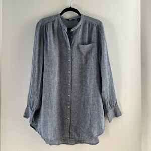 LANDS END Shirt Womens M (10--12) Collarless Blue Button Up 100% Linen Chambray